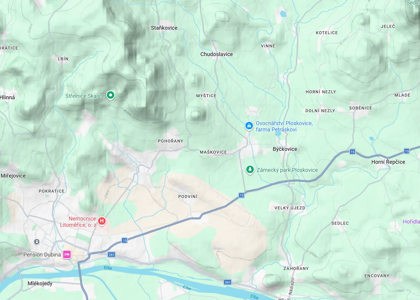 Google Maps terrain view of the hills around Litoměřice — roads and towns, but no hiking routes at all